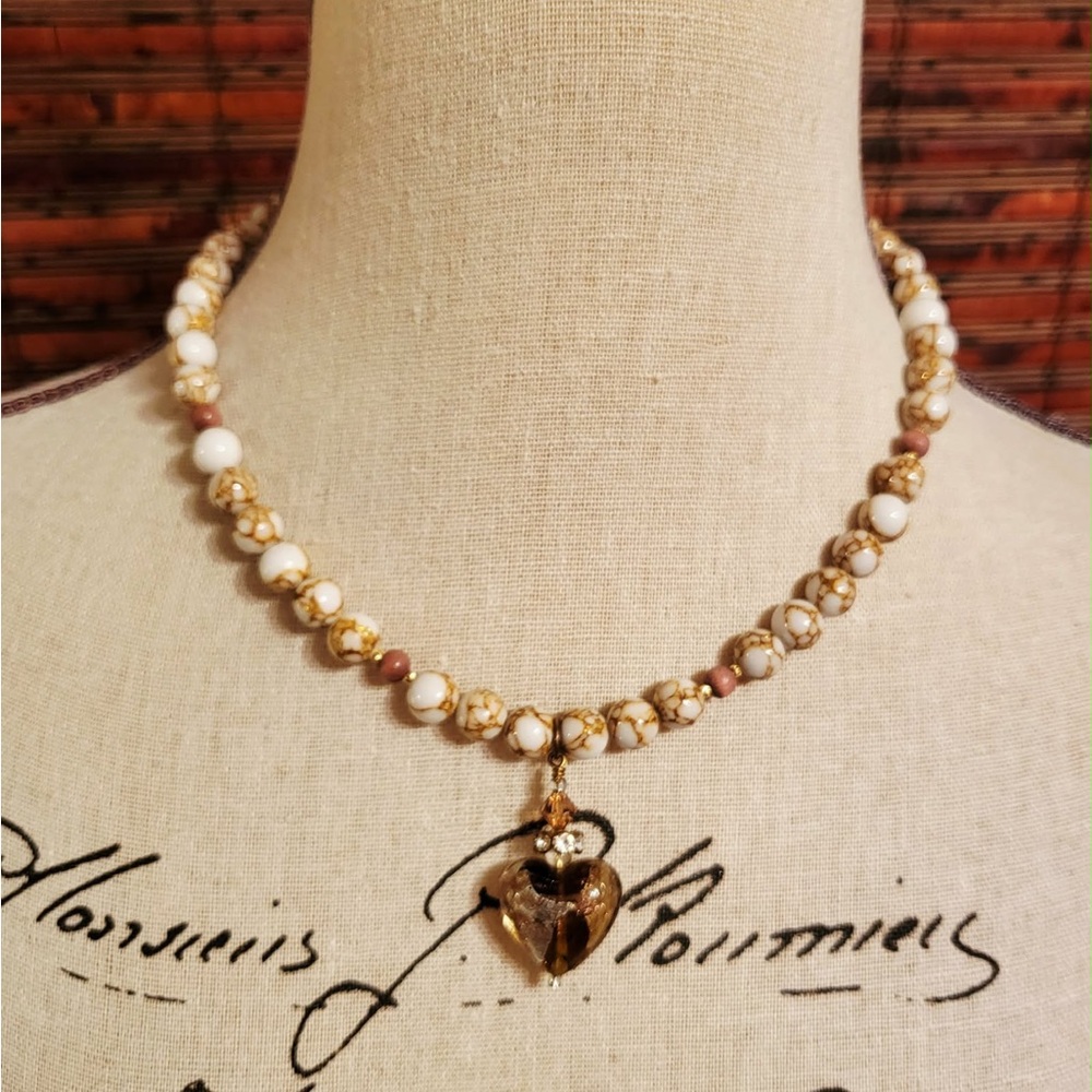 Elegant Gold and White Beaded Necklace With Glass Heart Pendant
